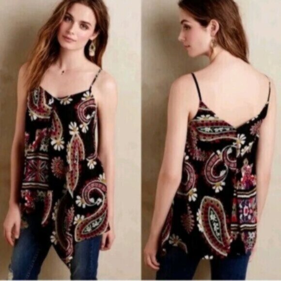 Silk HD IN PARIS Anthropologie "Moonset" Black Paisley Asymmetric Cami - Picture 9 of 9